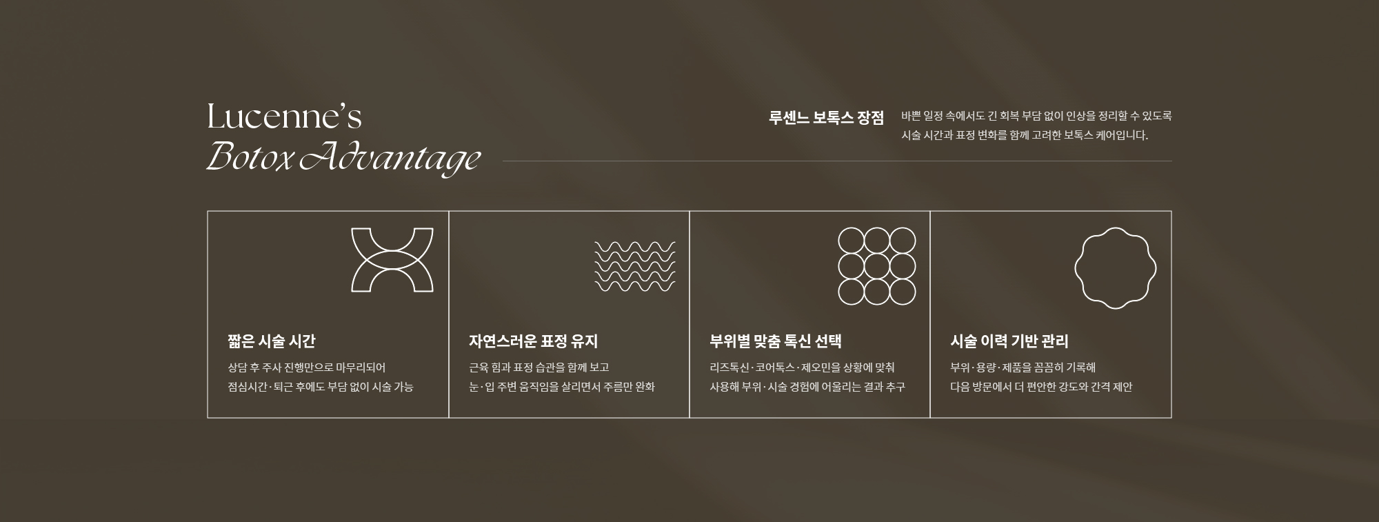 [루센느 보톡스 장점] 짧은 시술 시간 / 자연스러운 표정 유지/ 부위별 맞춤 톡신 선택 / 시술 이력 기반 관리