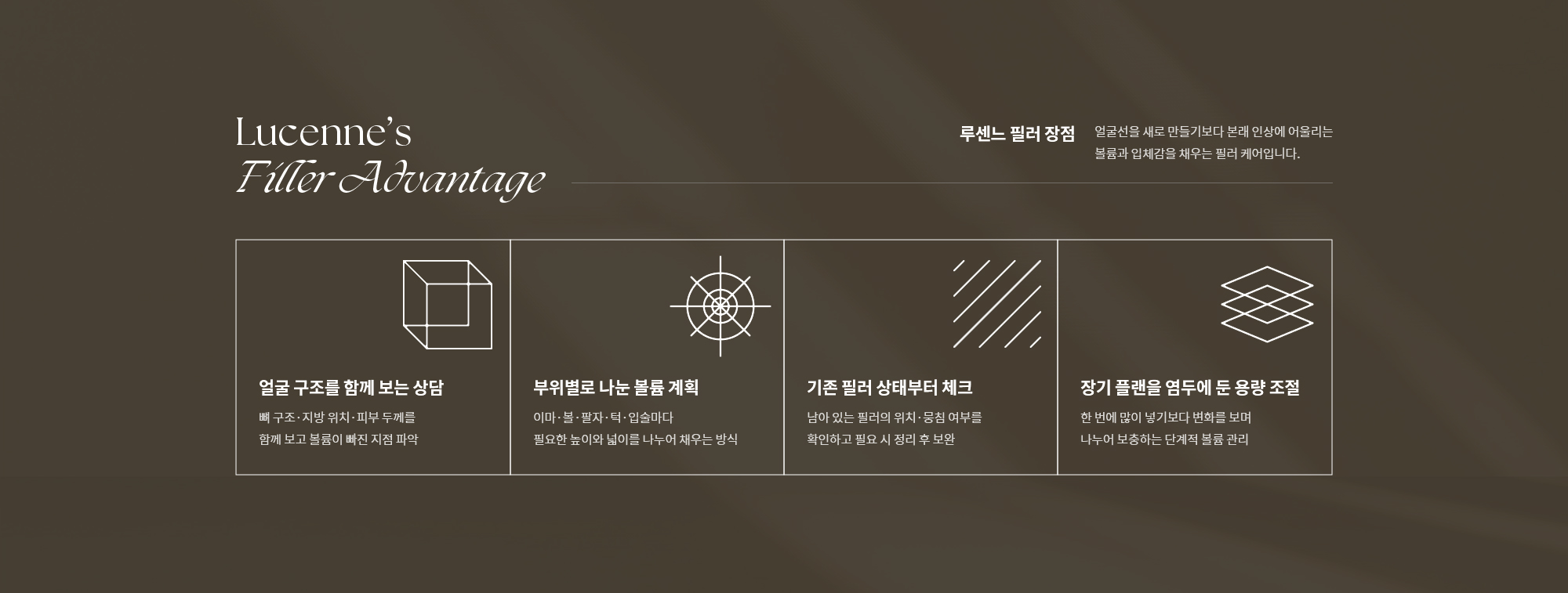 [루센느 필러 장점] 얼굴 구조를 함께 보는 상담 / 부위별로 나누는 볼륨 계획 / 기존 필러 상태부터 체크 / 장기 플랜을 염두에 둔 용량 조절