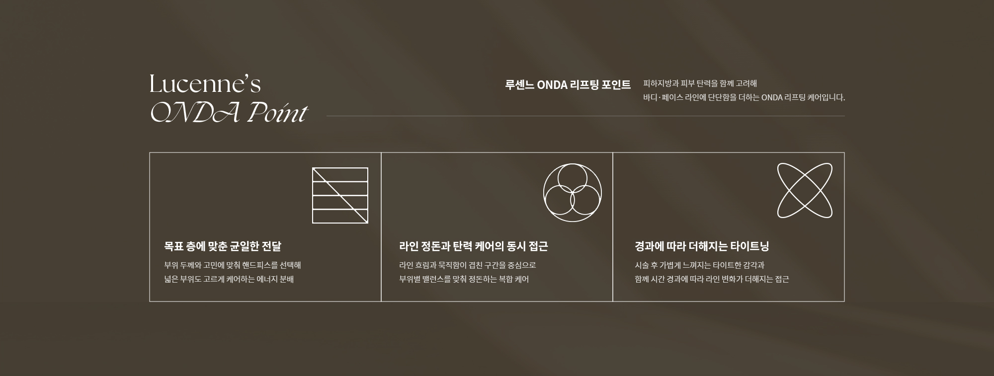 [루센느 ONDA 리프팅 포인트] 피하지방과 피부 탄력을 함께 고려해 부위별 에너지를 균일하게 전달하고 라인 정돈과 타이트닝을 동시에 진행해 시간이 지날수록 자연스러운 윤곽 변화를 완성하는 리프팅입니다.