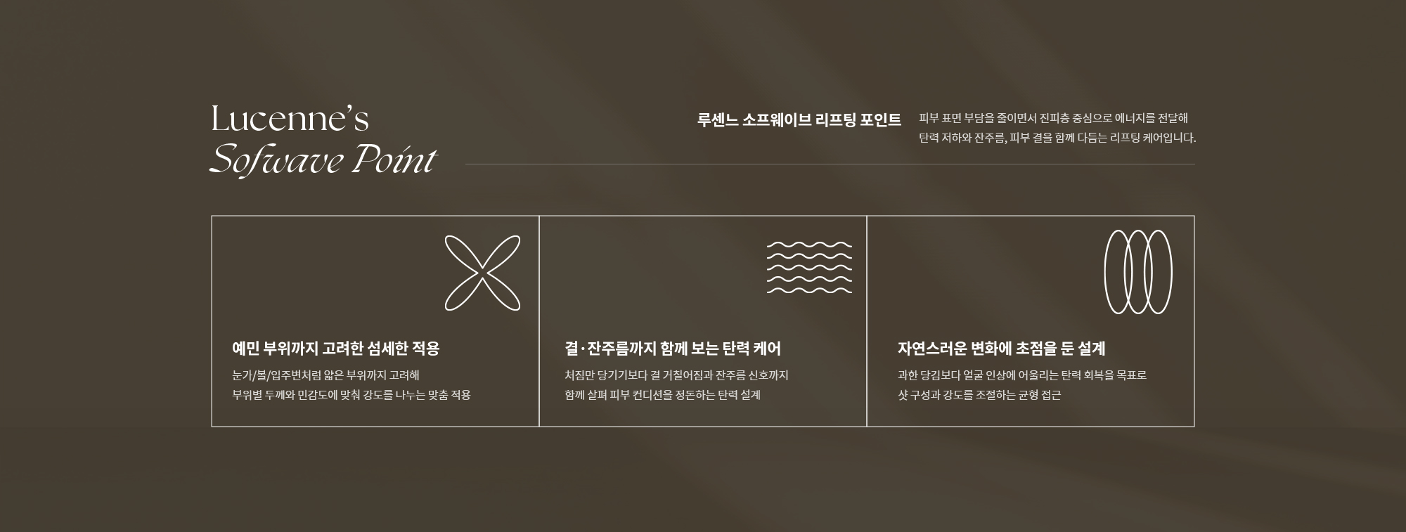[루센느 소프웨이브 리프팅 포인트] 예민 부위까지 고려한 섬세한 적용 / 결·잔주름까지 함께 보는 탄력 케어 / 자연스러운 변화에 초점을 둔 설계