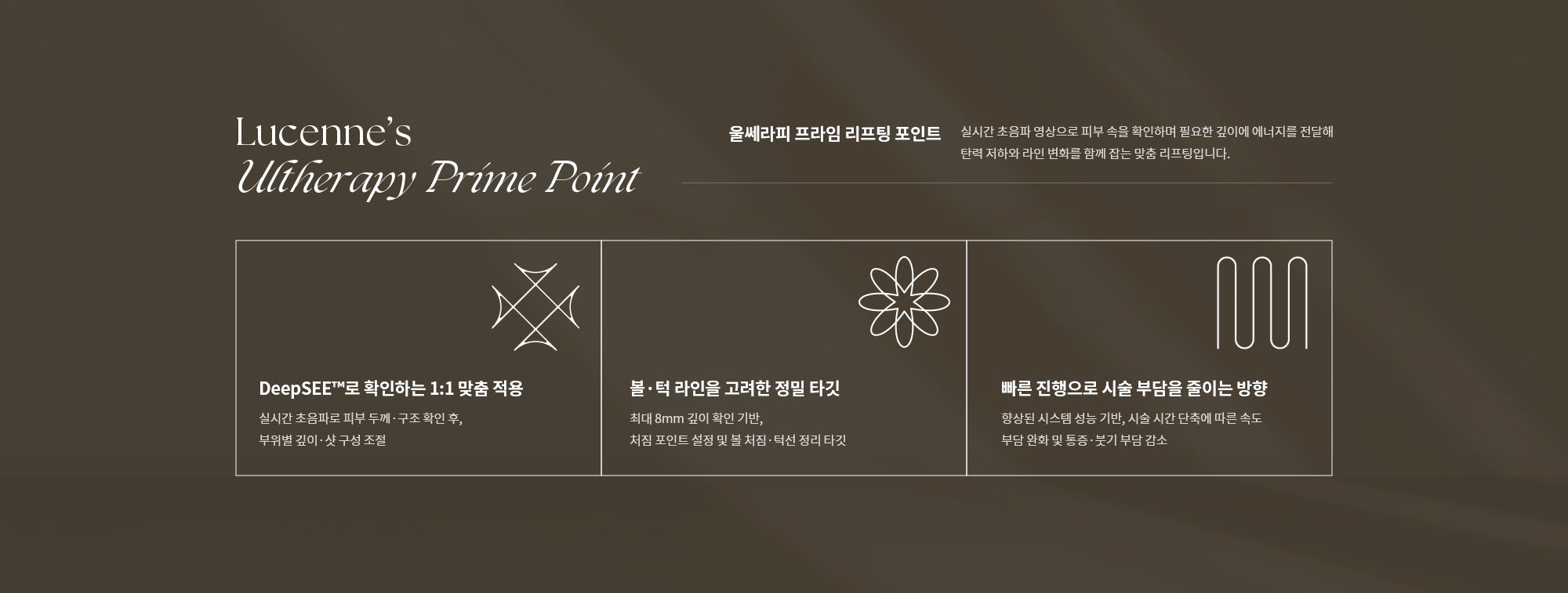 [울쎄라피 프라임 리프팅 포인트]실시간 초음파로 피부 상태를 확인해 깊이별 에너지를 정밀 조절하고 볼과 턱 라인을 고려한 타깃 설계로 탄력 개선과 자연스러운 라인 변화를 완성하는 맞춤 리프팅입니다.